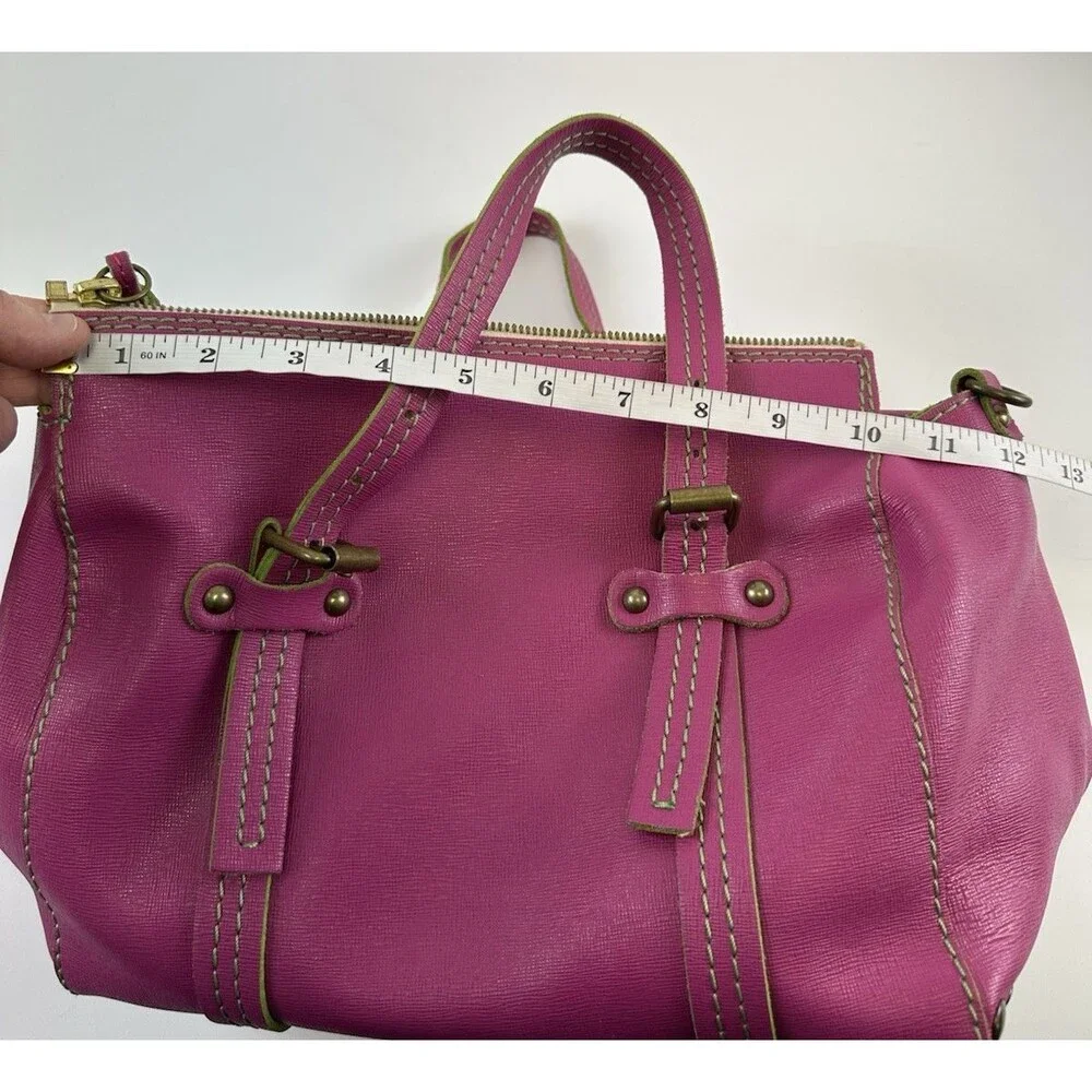 Sofia C Pink Leather‎ Satchel Purse Handbag Zip Green Crossbody Double Handles